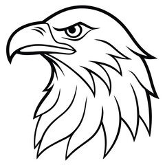 Black and white illustration of a fierce eagle head profile on white background Keywords: eagle, head