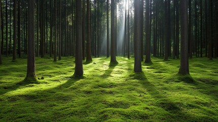 Sunlit forest with green mossy ground