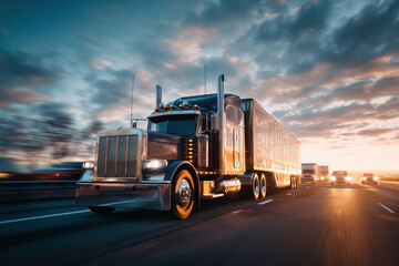 A semi truck on a road. Concept of truck shipping, logistics and transportation. 