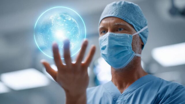 Innovative medical technology empowers surgeon wearing surgical mask to interact with futuristic hologram, potentially revolutionizing surgical procedures and patient care - Powered by Adobe