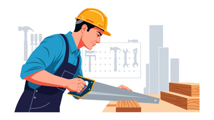 Carpenter At Work: A skilled carpenter meticulously uses a handsaw to cut through a piece of wood, showcasing precision and craftsmanship.