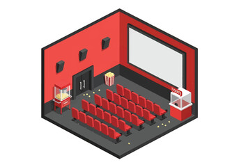 Isometric 3D view of a movie theater interior with big screen, red seats, ticket booth, and concession stand, representing cinema, entertainment, leisure, and audience experience concepts