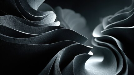 An abstract 3D rendering featuring dynamic, undulating organic forms with a sleek, metallic texture and striking interplay of light and shadow, perfect for tech and modern design