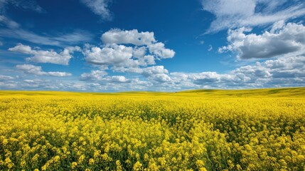 Vibrant yellow rapeseed field under a blue sky with fluffy clouds.
