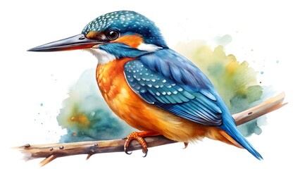 Obraz premium Watercolor painting of a kingfisher bird perched on a branch isolated on white