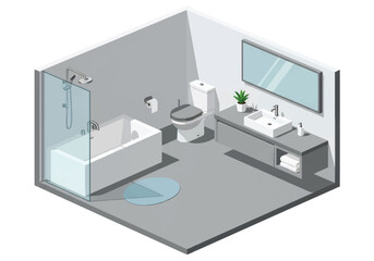 Isometric 3D view of a modern bathroom with bathtub, glass shower, sink, toilet, and mirror, designed for home interior, hygiene, wellness, and contemporary lifestyle concepts