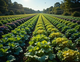 Fototapeta premium Lush green and yellow plants grow in neat rows under a clear blue sky.