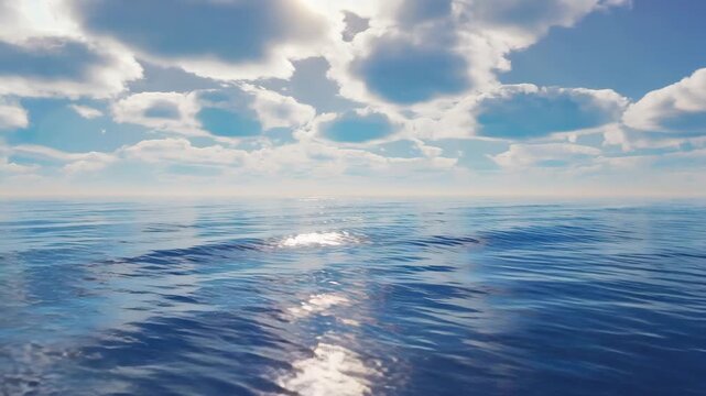 Endless tranquil blue sea, seamlessly horizon, surreal glass like skyline mirage, clouds stretching dissolving brush strokes, glowing dreamlike mood wide shot, 4K realistic animation, seamless loop