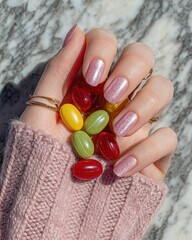 Female hand with glossy glittery pink manicure holding translucent jelly candies with a marble background and sunlit shadow effect