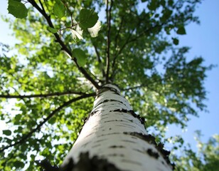 Fototapeta premium A vibrant, nature-filled image of a towering birch tree, showcasing its striking white bark against a backdrop of lush greenery and a clear summer sky.