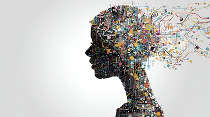  Conceptual art of a human silhouette with an exploding, intricate pattern of data and circuits, representing a powerful mind or digital intelligence.