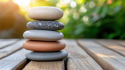 Tranquil Stone Stack on Wooden Surface Against Blurred Green Background
