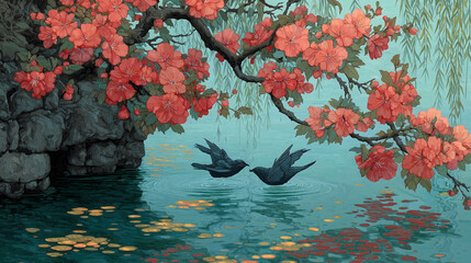 Chinese Dynasty: Wei-Jin & Southern-Northern Dynasties - Han Ping's Wife's Longing: Lovebird Silhouettes, Blue Lake, Golden Ripples, Peach Petals, Willow Silhouette, Mist
