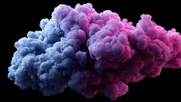 Vibrant, swirling cloud of purple and blue ink, showcasing a dynamic abstract design against a black backdrop.