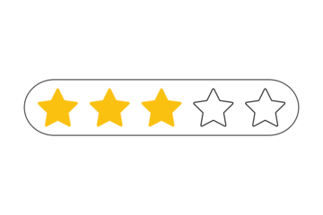 Three yellow stars filled in a rating bar with two empty stars, isolated on transparent background