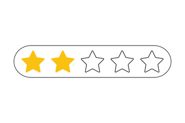 Two yellow stars filled in a rating bar with three empty stars, isolated on transparent background
