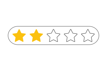 Two yellow stars filled in a rating bar with three empty stars, isolated on transparent background