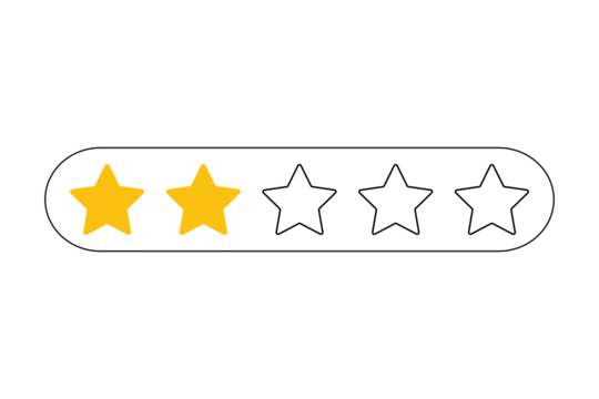 Two yellow stars filled in a rating bar with three empty stars, isolated on transparent background