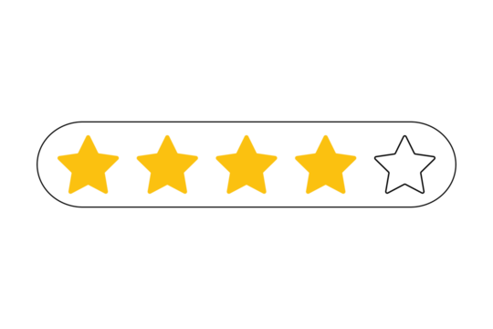 Four yellow stars filled and one outlined, representing a rating of four out of five stars, isolated on transparent background - Powered by Adobe