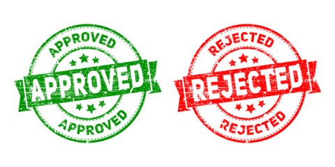 Two rubber stamps, one green saying approved and one red saying rejected, isolated on transparent background