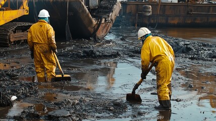 Cleanup crew mopping oil spill
