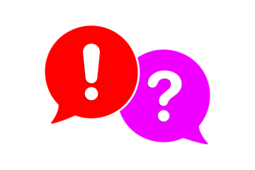 Two speech bubbles, one red with a white exclamation mark and one purple with a white question mark, isolated on transparent background