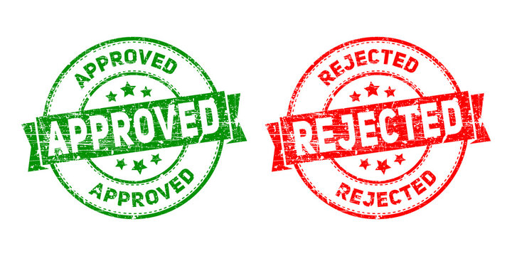 Two rubber stamps, one green saying approved and one red saying rejected, isolated on transparent background