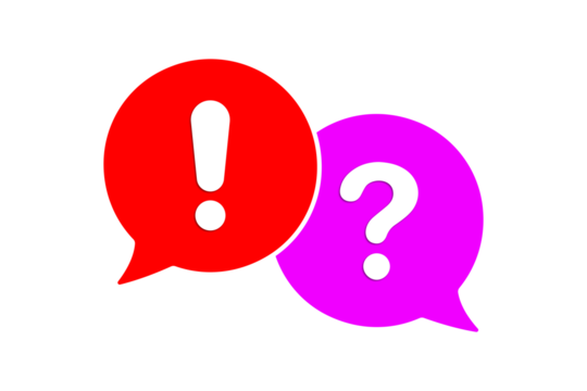 Two speech bubbles, one red with a white exclamation mark and one purple with a white question mark, isolated on transparent background