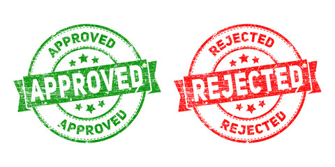 Two rubber stamps, one green approved and one red rejected, isolated on transparent background
