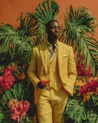 Dapper African American Man in Yellow Suit Holds Cocktail Amidst Lush Tropical Foliage, Vibrant Summer Fashion, Elegant Lifestyle