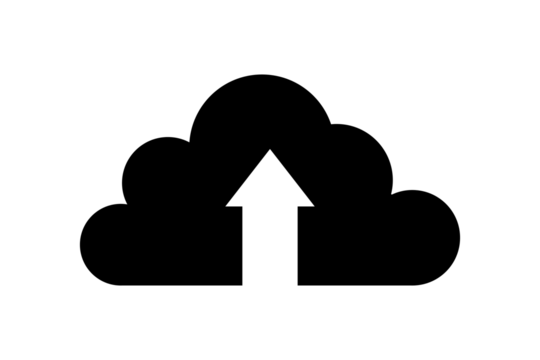 Black cloud upload icon isolated on transparent background, representing data transfer and cloud computing services