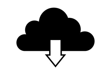 Black cloud icon with a white downward arrow indicating download or data transfer, isolated on transparent background