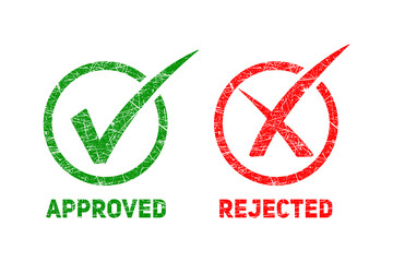 Two grunge style rubber stamps, one green checkmark labeled approved and one red x labeled...