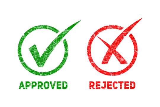 Two grunge style rubber stamps, one green checkmark labeled approved and one red x labeled rejected, isolated on transparent background
