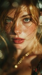 Close-up Portrait of a Beautiful Redhead Woman with Freckles and Blue Eyes, Capturing Natural Light and Evocative Expression, Ideal for Beauty Fashion Lifestyle Concepts