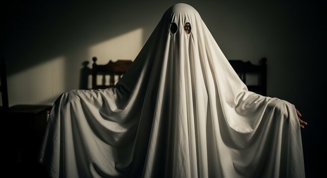 A person covered in white sheet with eye holes standing in a dimly lit room in vintage style. Concept for halloween event, spooky season, and scary stories