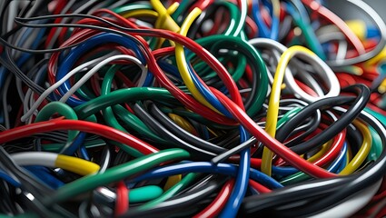 Stunning 8K macro perspective AI-generated image of a complex mass of colorful electric wires, mimicking real photography with extraordinary depth and texture. A perfect abstract tech background.