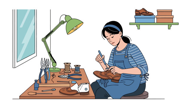The Art of the Artisan: A skilled craftswoman meticulously repairs a shoe in her workshop, surrounded by her tools and materials, embodying the dedication and skill of traditional craftsmanship.