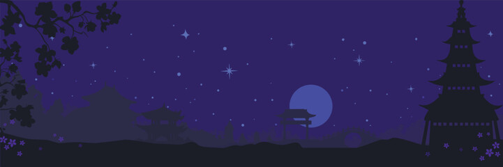 Japanese Pagoda Night Landscape. Japanese night landscape with traditional pagoda, full moon and starry sky in silhouette style symbolizing oriental culture, tranquility, harmony and spiritual peace