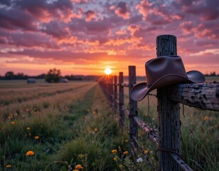 Golden sunset over a rustic ranch fence with cowboy hat, evoking freedom and adventure vibes