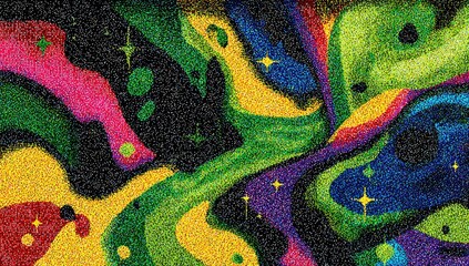 A vibrant abstract design, featuring swirling patterns of bright colors and scattered sparkling accents, creating a dynamic and energetic visual effect.