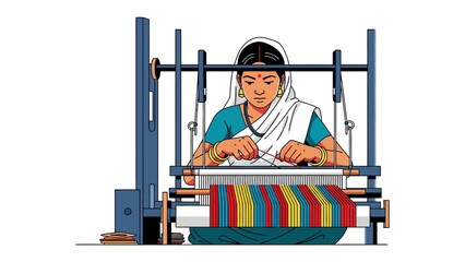 Weaver at Work: A skilled artisan meticulously crafts a vibrant textile on a traditional loom, showcasing the artistry and precision of handmade craftsmanship.