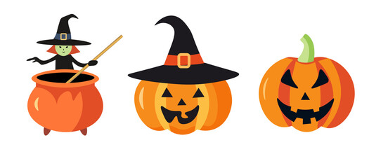 Fototapeta premium A whimsical Halloween-themed illustration featuring three elements. On the left, a cartoon witch with green skin stirs a large orange cauldron with a stick.