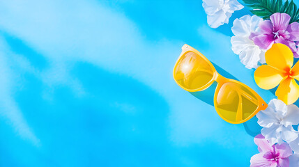 Bright flowers surround yellow sunglasses on a vivid blue background, evoking summer vibes