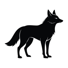 Black silhouette of a standing coyote with detailed fur lines on white animal wild