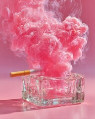 Surreal Pink Smoke Bursting from Ashtray with Cigarette: Artistic Concept for Addiction Campaigns, Vaping Risks, Air Pollution Awareness, and Bold Modern Lifestyle Visuals