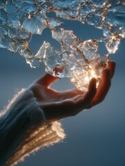 Close-up of a Female Hand Gently Holding Translucent Shards of Textured Ice, Illuminated by Golden Light, Symbolizing Fragility, Purity, Winter, or Delicate Connection