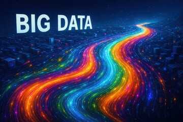 Visual representation of big data flowing through a digital landscape for analysis and insights