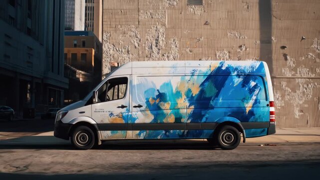 A white van with abstract blue and yellow painted design is parked on a city street. Behind it is a textured brick wall. Other buildings and street are visible