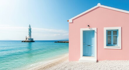 Fototapeta premium Charming Pink House and Lighthouse on a Sunny Beach